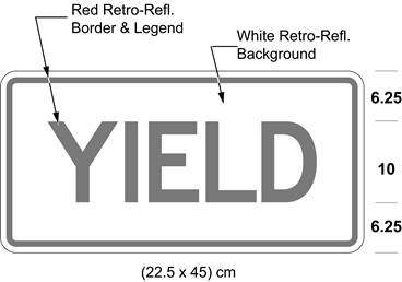 Illustration of tab sign with red text YIELD on white background with red border.