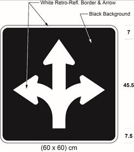 Illustration of sign with branching white arrows curving left, curving right and proceeding straight on black background.