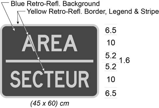 Illustration of tab sign with yellow text AREA / SECTEUR on blue background.