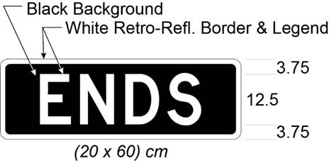 Illustration of tab sign with white text ENDS on black background.