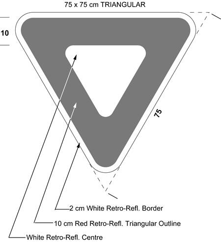 Illustration of sign with white equilateral triangle inside red equilateral triangle with white border.