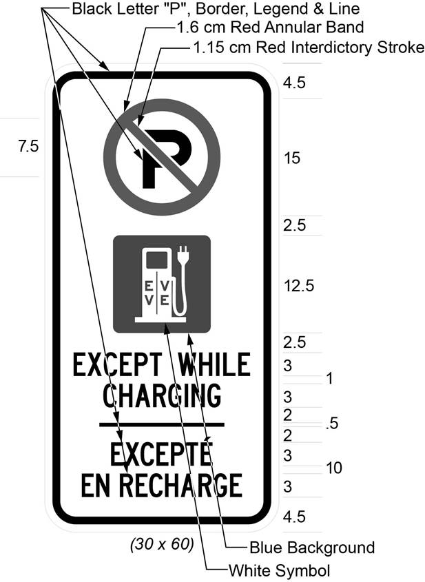 Illustration of sign with a no parking symbol above an electric charging station symbol above text EXCEPT WHILE CHARGING/EXCEPTÉ EN RECHARGE. 