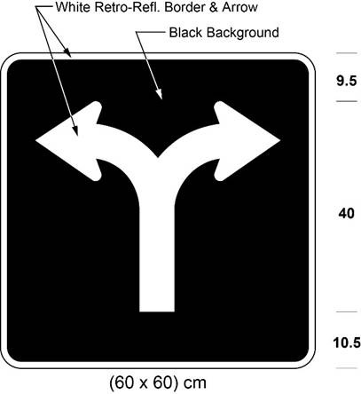 Illustration of sign with branching white arrow curving left and curving right on black background. 