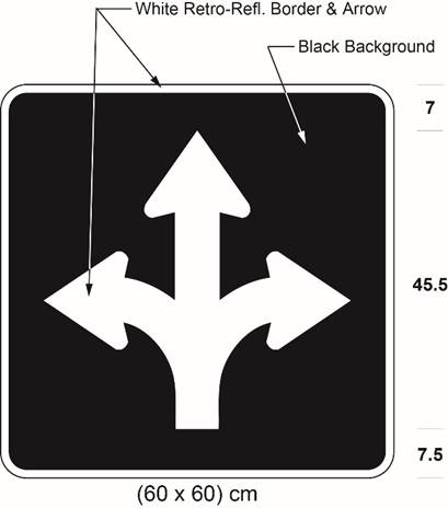 Illustration of sign with branching white arrows curving left, curving right and proceeding straight on black background.