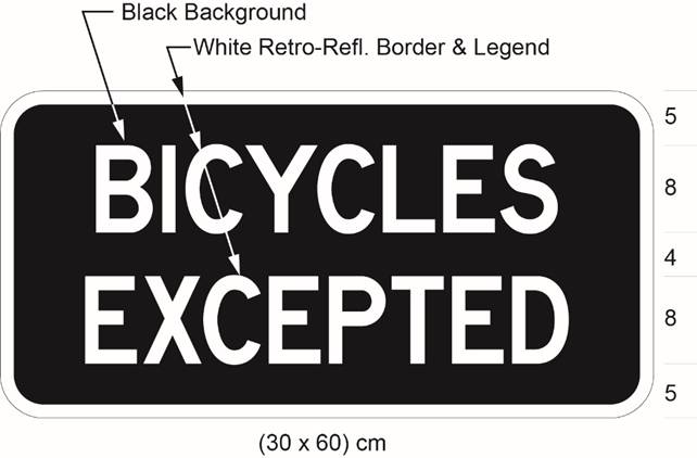 Illustration of tab sign with white text BICYCLES EXCEPTED on black background. 