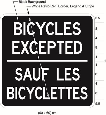 Illustration of tab sign with white text BICYCLES EXCEPTED / SAUF LES BICYCLETTES on black background. 