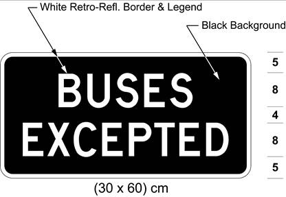 Illustration of tab sign with white text BUSES EXCEPTED on black background.