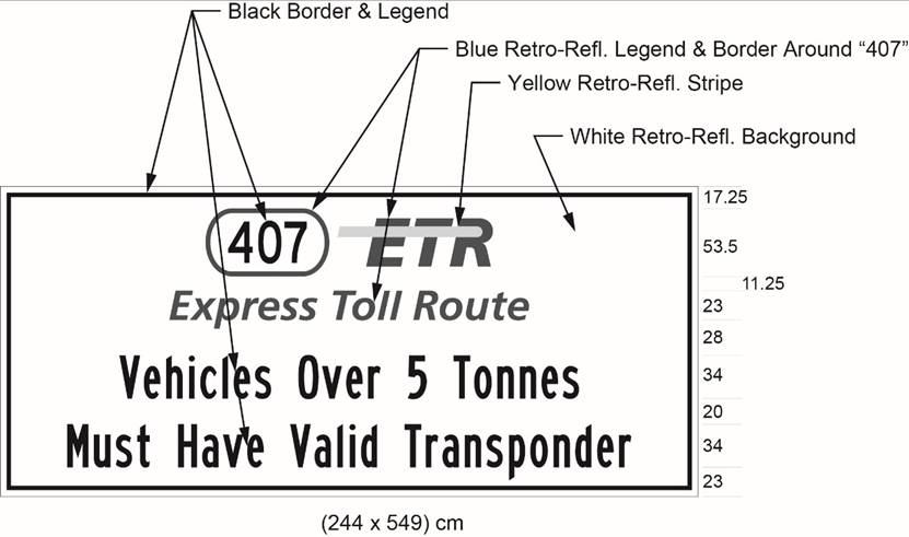 Illustration of sign with 407 ETR symbol and text Vehicles Over 5 Tonnes Must Have Valid Transponder. 