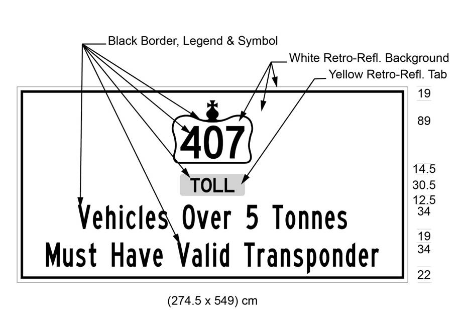 Illustration of sign with 407 in Crown over text Toll and Vehicles Over 5 Tonnes Must Have Valid Transponder. 