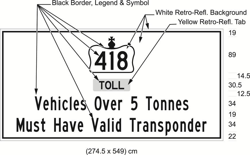 Illustration of sign with 418 in Crown over text Toll and Vehicles Over 5 Tonnes Must Have Valid Transponder.