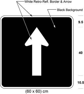 Illustration of sign with white arrow proceeding straight on black background. 