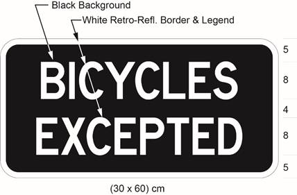 Illustration of tab sign with white text BICYCLES EXCEPTED on black background. 
