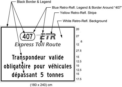 Illustration of sign with 407 ETR symbol and text Transpondeur valide obligatoire pour véhicules dépassant 5 tonnes. 
