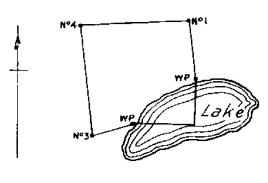 Diagram of claim where No. 2 post would be in lake. Witness posts on lake edge at east and south boundaries.