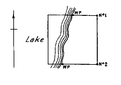 Diagram of a claim where No. 3 and 4 posts would be in lake. Witness posts on lake edge on north and south boundaries.