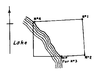 Diagram of a claim without No. 3 post. Witness post on south boundary and No. 4 post are on lake edge.