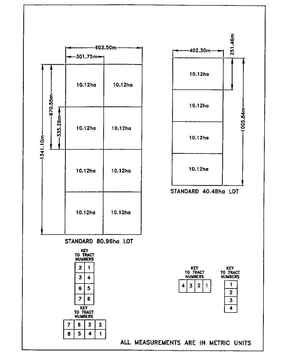 Image of method of dividing standard lots of 81 and 41 hectares into equal rectangular tracts and numbering of the tracts.