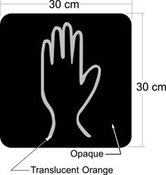 Illustration of Figure - a translucent orange silhouette of a hand on an opaque background in a 30 cm x 30 cm square.