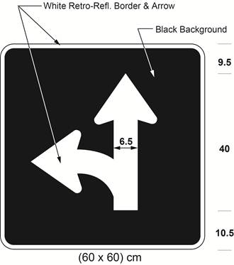 Illustration of sign with branching white arrow curving left and proceeding straight on black background.
