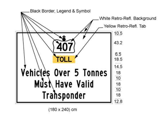 Illustration of sign with 407 inside Crown symbol, text Toll on yellow background and text Vehicles Over 5 Tonnes Must Have Valid Transponder on white background. 