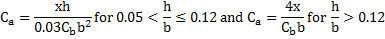C subscript a = xh/0.03(C subscript b)(b squared) for 0.05 < h/b ≤ 0.12 and C subscript a = 4x/(C subscript b)b for h/b > 0.12.