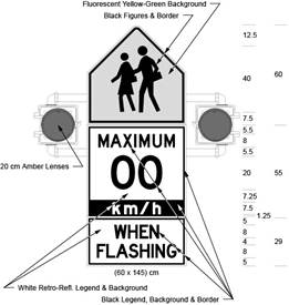 Illustration of Figure D - sign with 2 lenses and 2 children above text MAXIMUM 00 km/h above WHEN FLASHING.