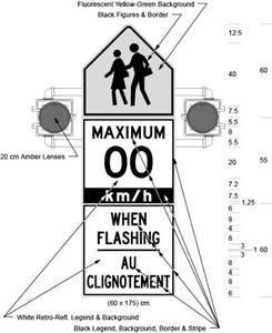 Illustration of Figure F - sign with 2 lenses and 2 children above text MAXIMUM 00 km/h above WHEN FLASHING / AU CLIGNOTEMENT.