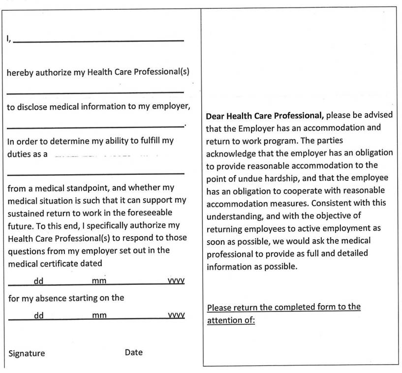 Appendix C:
Page 1
Part 1: A medical information form to be completed if the employer requests medical information from an employee.
