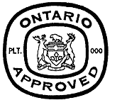 Illustration of inspection legend with the text “ONTARIO APPROVED” and “PLT. 000” broken up by an Ontario coat of arms.
