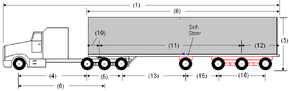 Illustration of Designated Tractor-Trailer Combination 10 with tractor attached to a semi-trailer as described below.