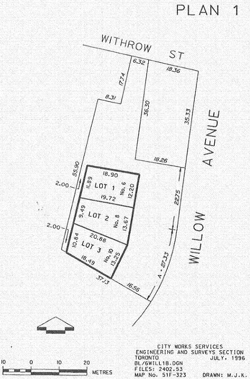 Image of Plan 1 - map of Withrow St. and Willow Avenue intersection with lot dimensions.