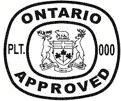 Illustration de l'estampille d'inspection : les textes «ONTARIO APPROVED» et «PLT. 000» entourent l'écusson de l'Ontario.