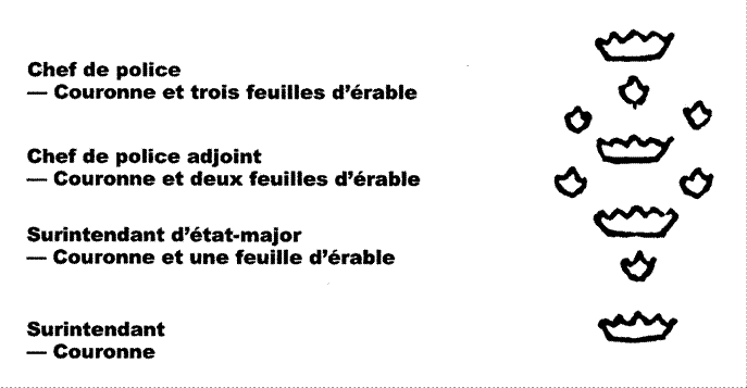 Image des galons des grades de chef de police, de chef de police adjoint, de surientendant d'état-major et de surintendant