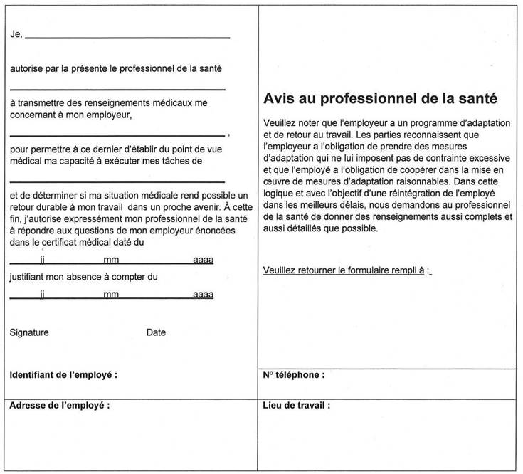 Annexe C :
Page 1
La Partie 1 : Remplir un formulaire de renseignements médicaux lors d’une demande par l’employeur à l’employé.