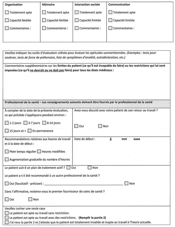 Annexe C:
Page 4
La partie 2 : La requête pour l’information sur les restrictions et des limitations liées à une demande d’adaptation en milieu de travail.