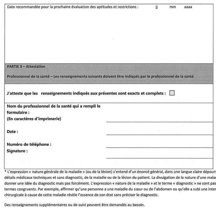 Annexe C:
Page 5
La partie 2 : La requête pour l’information sur les restrictions et des limitations liées à une demande d’adaptation en milieu de travail.
