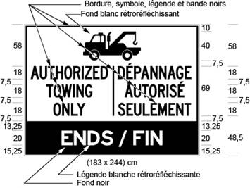 Illustration d'un panneau avec le pictogramme d'une dépanneuse et la mention AUTHORIZED TOWING ONLY / DÉPANNAGE AUTORISÉ SEULEMENT au-dessus des mots ENDS / FIN sur fond noir