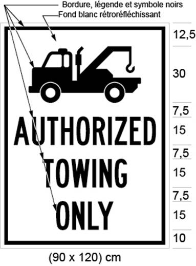 Illustration d'un panneau avec le pictogramme d'une dépanneuse et la mention AUTHORIZED TOWING ONLY sous le pictogramme