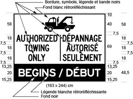 Illustration d'un panneau avec le pictograme d'une dépanneuse et la mention AUTHORIZED TOWING ONLY / DÉPANNAGE AUTORISÉ SEULEMENT au-dessus des mots BEGINS / DÉBUT sur fond noir
