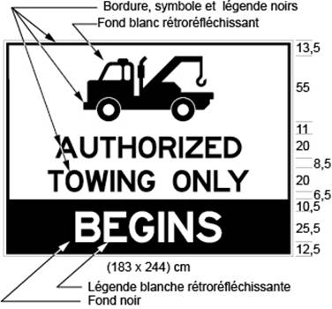 Illustration d'un panneau avec le pictogramme d'une dépanneuse et la mention AUTHORIZED ONLY au-dessus du mot BEGINS sur fond noir