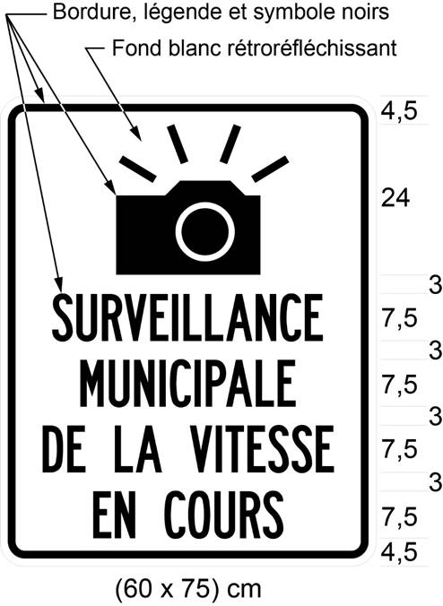 Illustration du panneau avec image d'une caméra et texte «SURVEILLANCE MUNICIPALE DE LA VITESSE EN COURS»