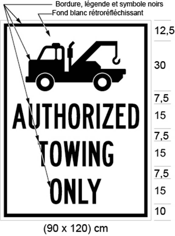 Illustration d'un panneau avec le pictogramme d'une dépanneuse et la mention AUTHORIZED TOWING ONLY sous le pictogramme