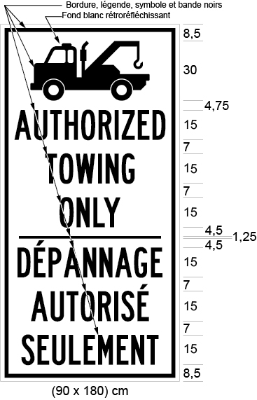 Illustration d'un panneau avec le pictogramme d'une dépanneuse et la mention AUTHORIZED TOWING ONLY / DÉPANNAGE AUTORISÉ SEULEMENT sous le pictogramme