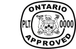 Illustration de deux estampilles d'inspection : les textes «ONTARIO APPROVED» et «PLT. 000» ou «PLT. 0000» entourent l'écusson de l'Ontario.