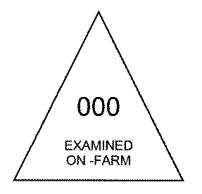 Illustration of examination legend. The illustration has the text “000” above “EXAMINED ON-FARM”, all within a triangle.