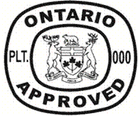 Illustration of inspection legend with the text “ONTARIO APPROVED” and “PLT. 000” broken up by an Ontario coat of arms.