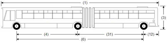 Illustration of Designated Bus or Recreational Vehicle 3, an articulated bus, as described below.
