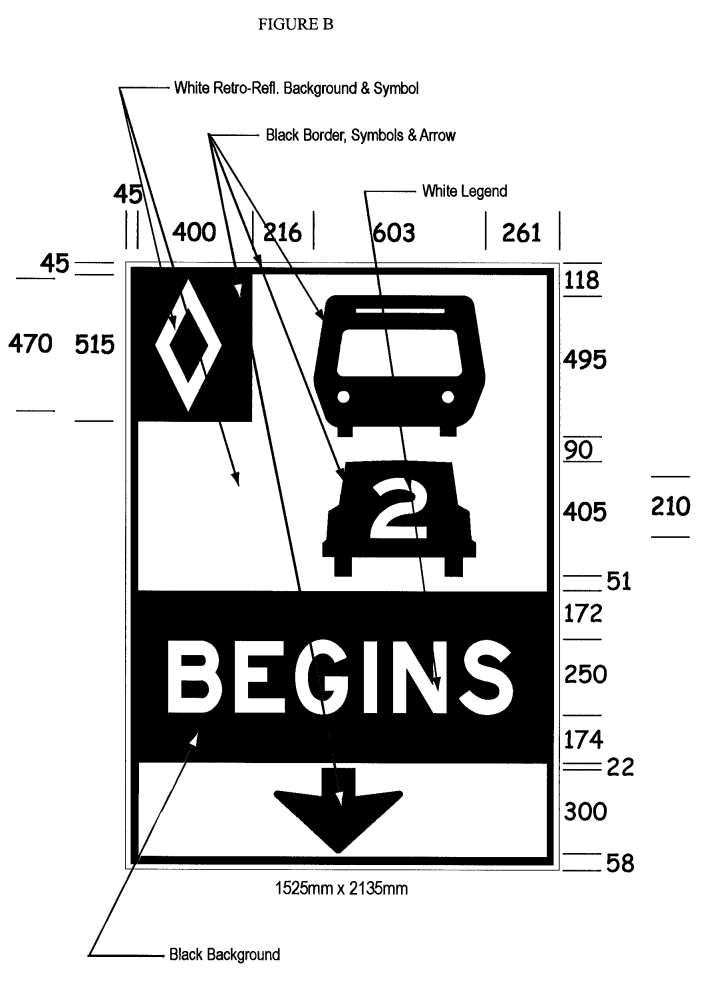 Illustration of Figure B - overhead sign with HOV diamond symbol, bus, car with 2 inside it, text BEGINS and down arrow. 