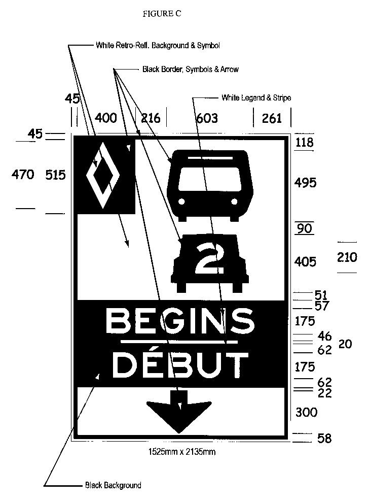 Illustration of Figure C - overhead sign with HOV symbol, bus, car with 2 inside it, text BEGINS/DÉBUT and down arrow. 