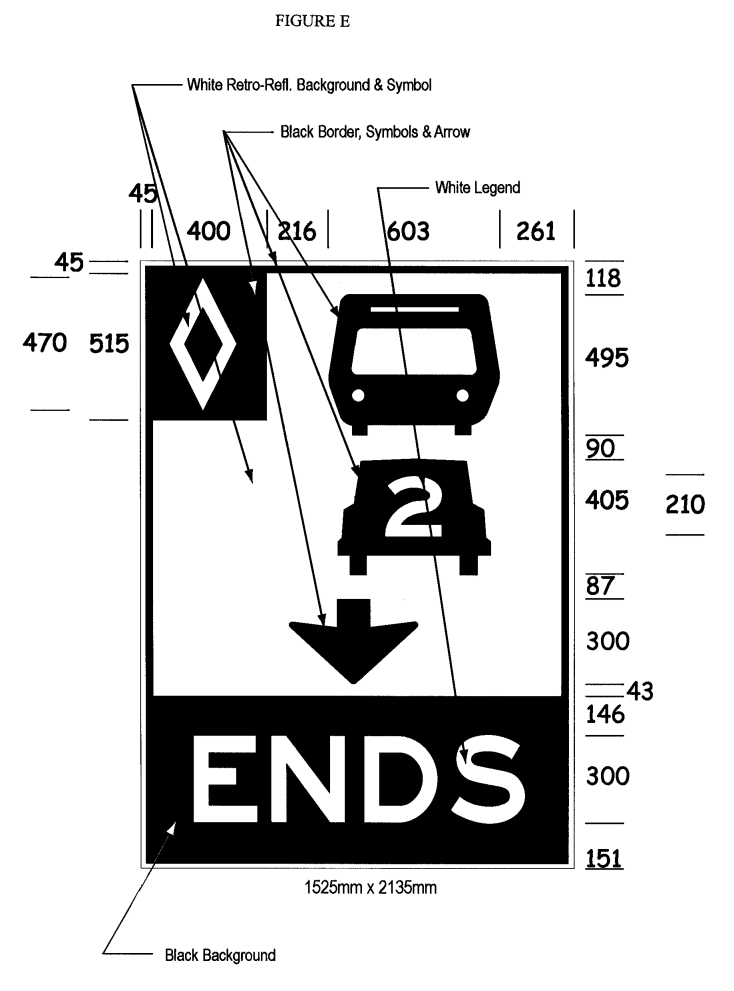 Illustration of Figure E - overhead sign with HOV diamond symbol, bus, car with 2 inside it, text ENDS and down arrow. 
